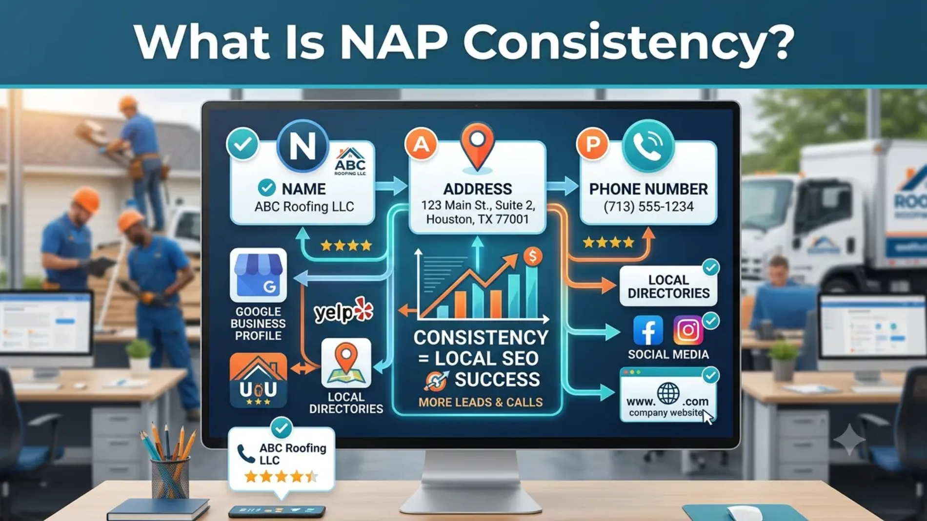 Infographic explaining what is NAP consistency for roofing SEO showing identical business name, address, and phone number across Google Business Profile, Yelp, and local directories.