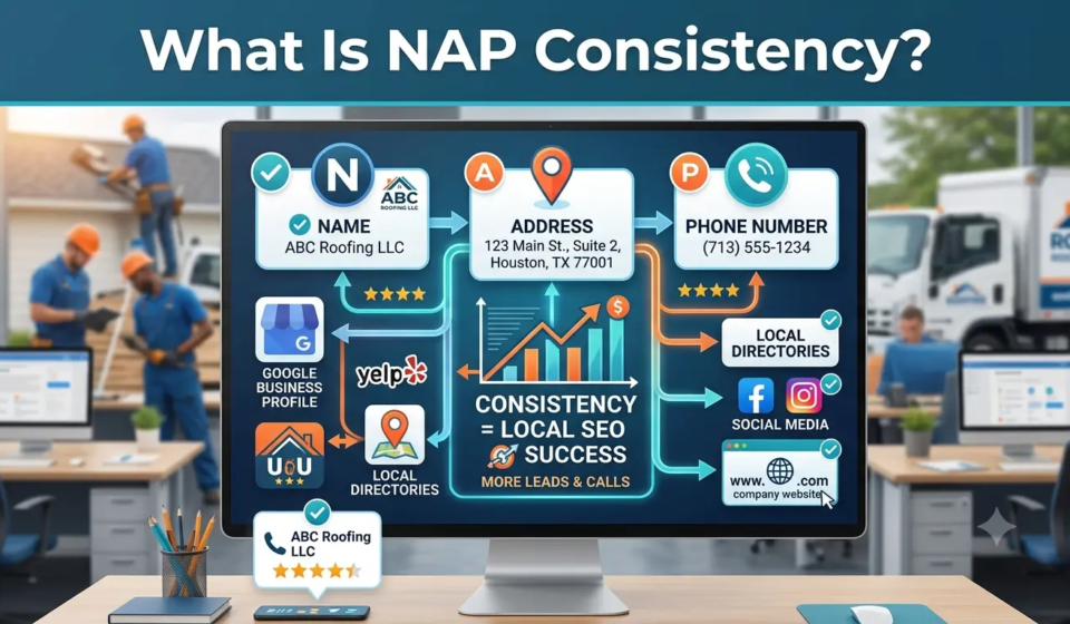 Infographic explaining what is NAP consistency for roofing SEO showing identical business name, address, and phone number across Google Business Profile, Yelp, and local directories.