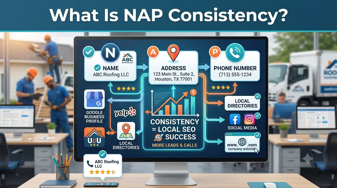 Infographic explaining what is NAP consistency for roofing SEO showing identical business name, address, and phone number across Google Business Profile, Yelp, and local directories.
