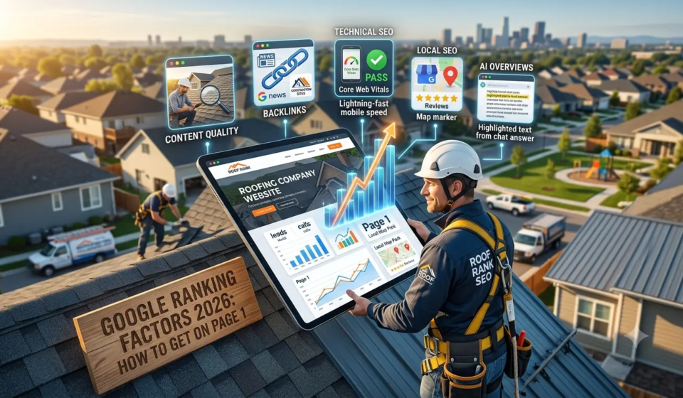 A roofing contractor in a safety harness on a shingle roof holding a digital tablet showing SEO metrics and local map pack growth for a roofing company website, with visual badges illustrating Google ranking factors including Content Quality, Backlinks, Technical SEO, and Local SEO.