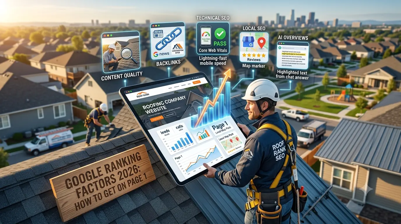 A roofing contractor in a safety harness on a shingle roof holding a digital tablet showing SEO metrics and local map pack growth for a roofing company website, with visual badges illustrating Google ranking factors including Content Quality, Backlinks, Technical SEO, and Local SEO.
