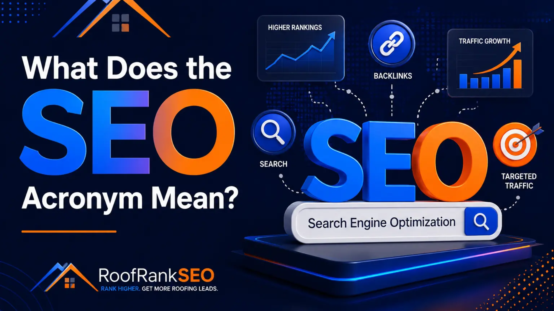 Illustration of a roofing contractor standing in front of a laptop showing SEO acronyms and upward graphs, representing search engine optimization for roofers in the USA