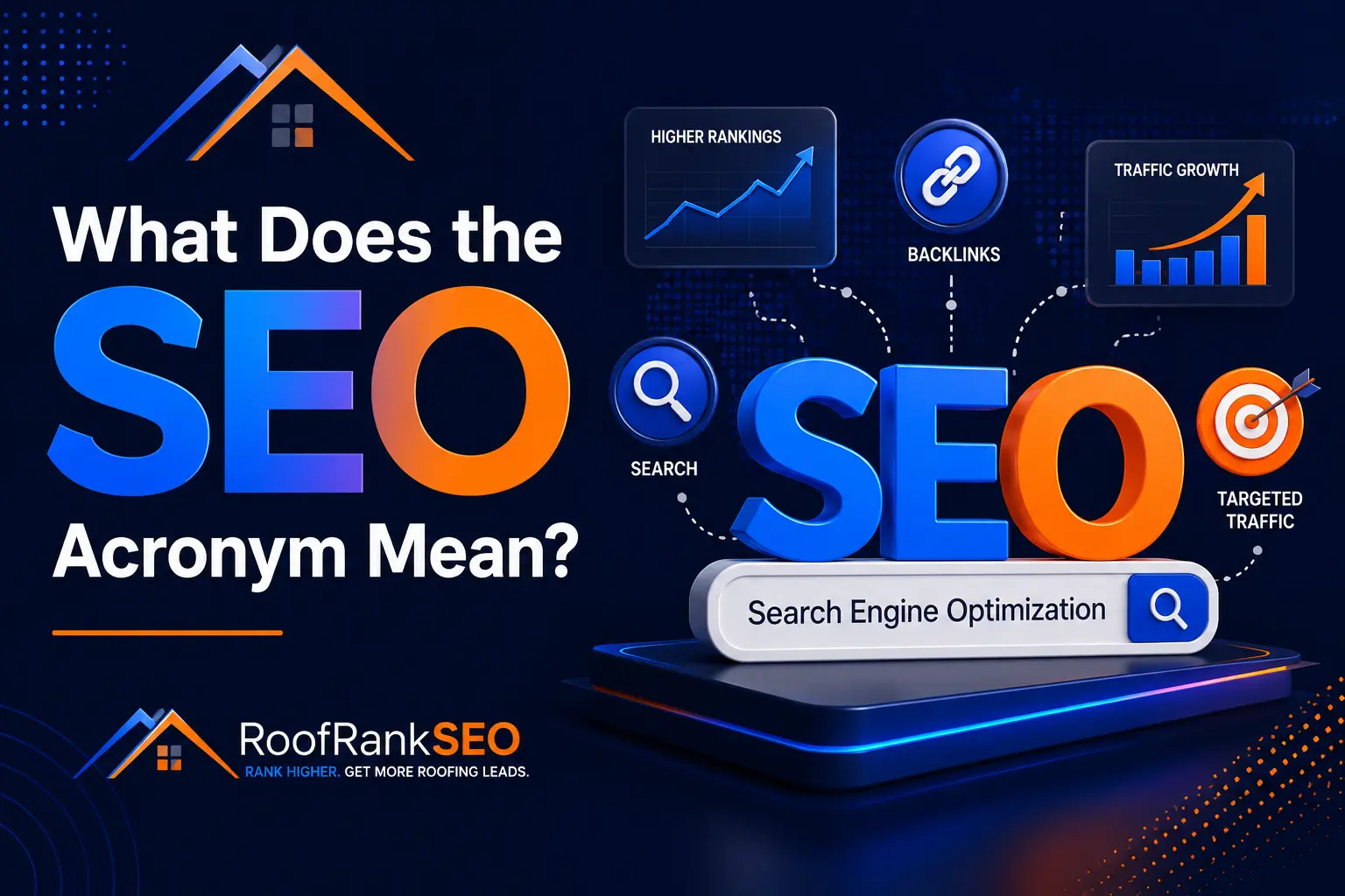 Illustration of a roofing contractor standing in front of a laptop showing SEO acronyms and upward graphs, representing search engine optimization for roofers in the USA